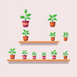 A pixel art spritesheet featuring a potted plant on a shelf
