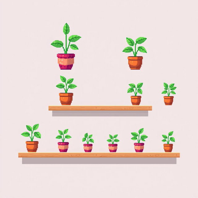 A pixel art spritesheet featuring a potted plant on a shelf