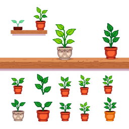 A pixel art spritesheet featuring a potted plant on a shelf