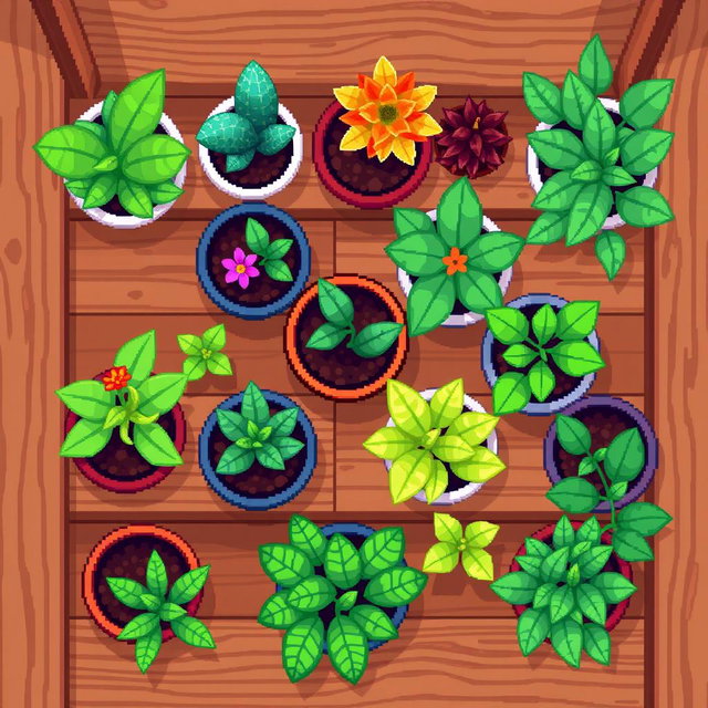 A detailed pixel art spritesheet of various plants in pots, arranged beautifully on a wooden shelf