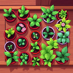 A detailed pixel art spritesheet of various plants in pots, arranged beautifully on a wooden shelf