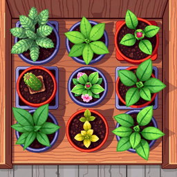 A detailed pixel art spritesheet of various plants in pots, arranged beautifully on a wooden shelf