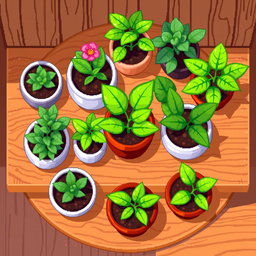 A detailed pixel art spritesheet of various plants in pots, arranged beautifully on a wooden shelf