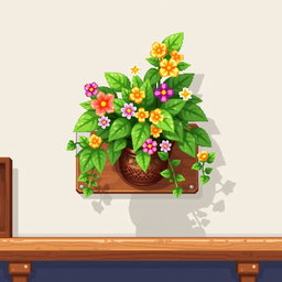 A pixel art spritesheet featuring a beautiful plant in a potted arrangement, displayed on a shelf