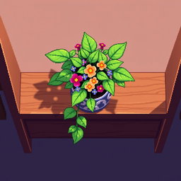 A pixel art spritesheet featuring a beautiful plant in a potted arrangement, displayed on a shelf