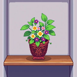 A pixel art spritesheet featuring a beautiful plant in a potted arrangement, displayed on a shelf
