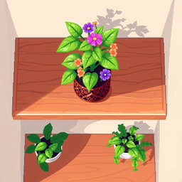 A pixel art spritesheet featuring a beautiful plant in a potted arrangement, displayed on a shelf