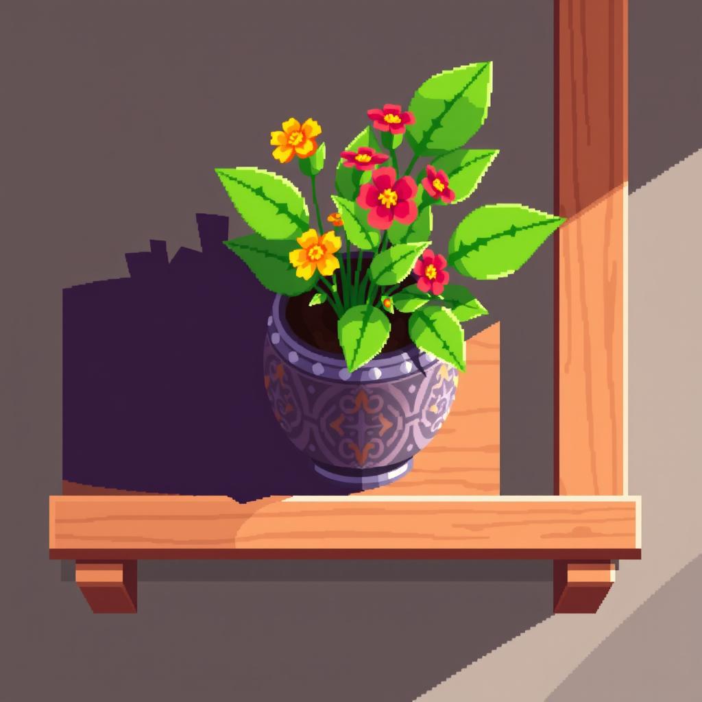 A pixel art spritesheet showcasing a plant in a decorative pot placed on a shelf