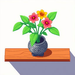 A pixel art spritesheet showcasing a plant in a decorative pot placed on a shelf