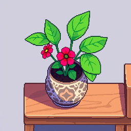 A pixel art spritesheet showcasing a plant in a decorative pot placed on a shelf