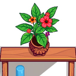 A pixel art spritesheet showcasing a plant in a decorative pot placed on a shelf