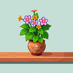 A pixel art spritesheet displaying a plant in a decorative pot sitting on a shelf, presented from a top-down perspective