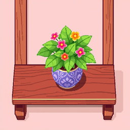 A pixel art spritesheet displaying a plant in a decorative pot sitting on a shelf, presented from a top-down perspective