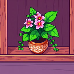 A pixel art spritesheet displaying a plant in a decorative pot sitting on a shelf, presented from a top-down perspective