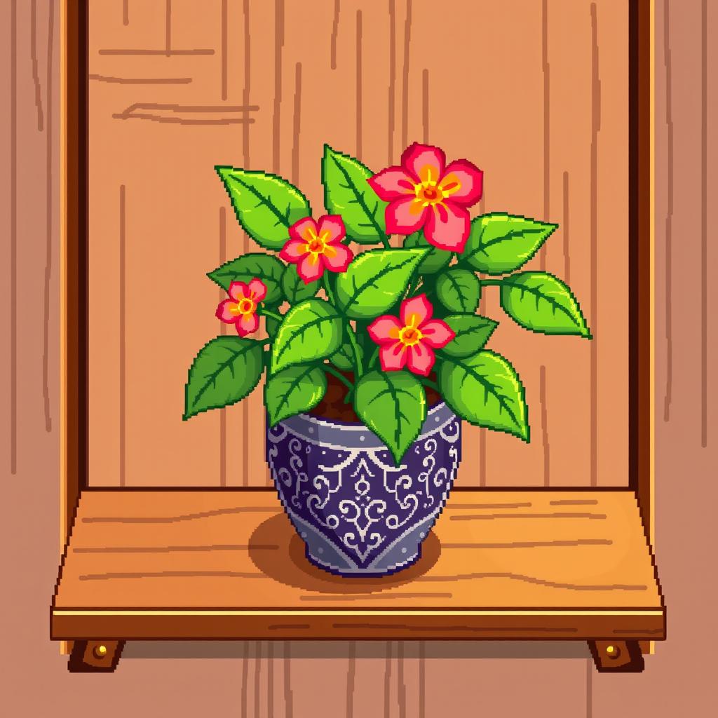 A pixel art spritesheet displaying a plant in a decorative pot sitting on a shelf, presented from a top-down perspective