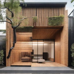 Subtly upgrade the previous industrial minimalist house by incorporating 30% bamboo elements into the facade, achieving a 1000% aesthetic improvement