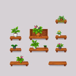 A pixel art spritesheet depicting a sturdy shelf featuring a lush plant