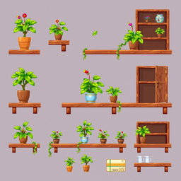 A pixel art spritesheet depicting a sturdy shelf featuring a lush plant