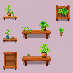 A pixel art spritesheet depicting a sturdy shelf featuring a lush plant