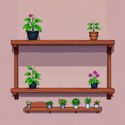 A pixel art spritesheet depicting a sturdy shelf featuring a lush plant
