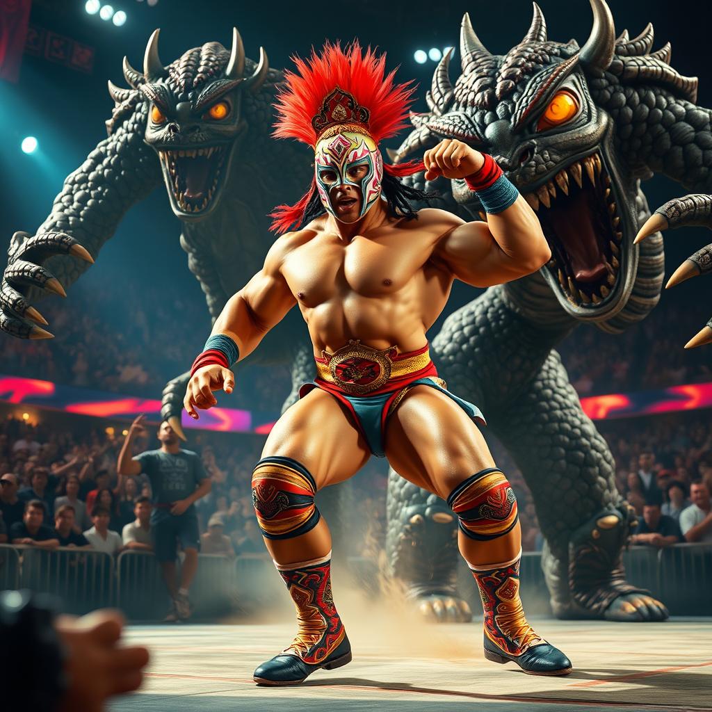 A thrilling scene of a strong wrestler battling against gigantic, menacing monsters in a dramatic arena