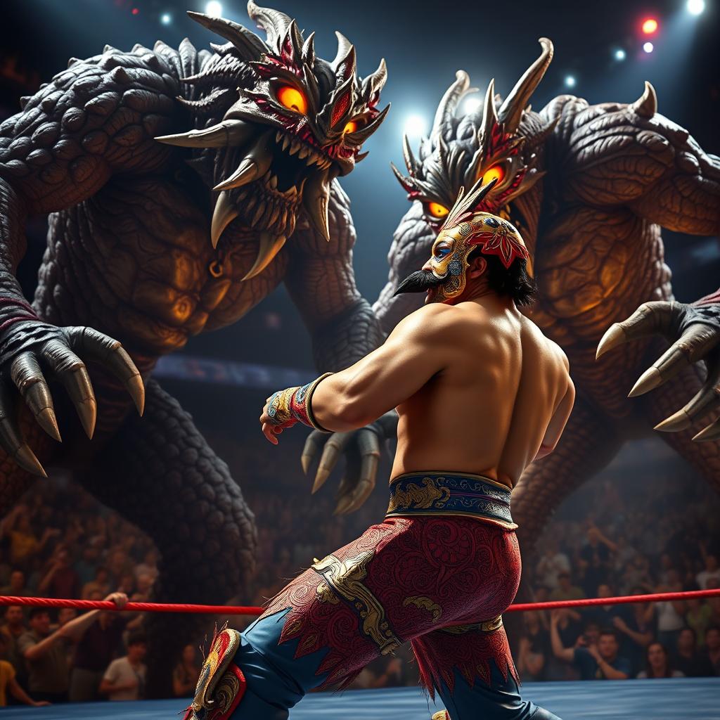 An epic scene featuring a heroic wrestler named 'El Super Machote' with a prominent mustache, engaging in an intense battle against formidable, fantastical monsters
