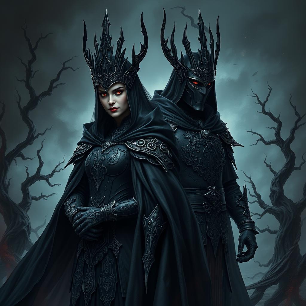 A female Witch King, powerful and majestic, wearing intricate black armor adorned with dark mystical symbols and a flowing cape that billows dramatically
