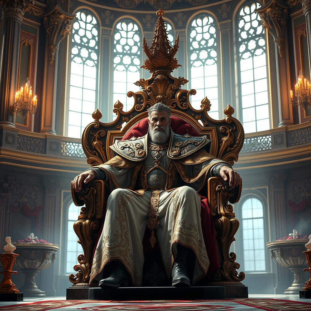 A majestic scene featuring a powerful figure seated on an ornate throne, exuding an aura of authority and regality