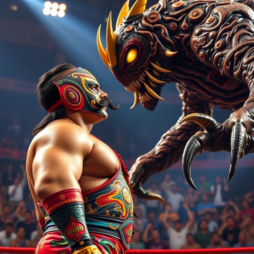 A side profile view of a heroic wrestler named 'El Super Machote' with a prominent mustache, engaging in an epic battle against monstrous foes
