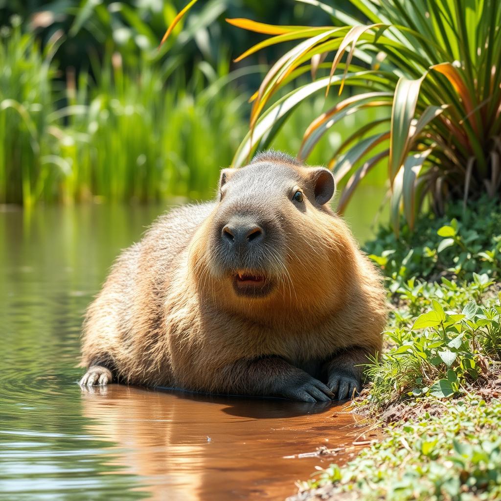 A cute capybara, the world's largest rodent, relaxing by the water's edge amidst lush greenery