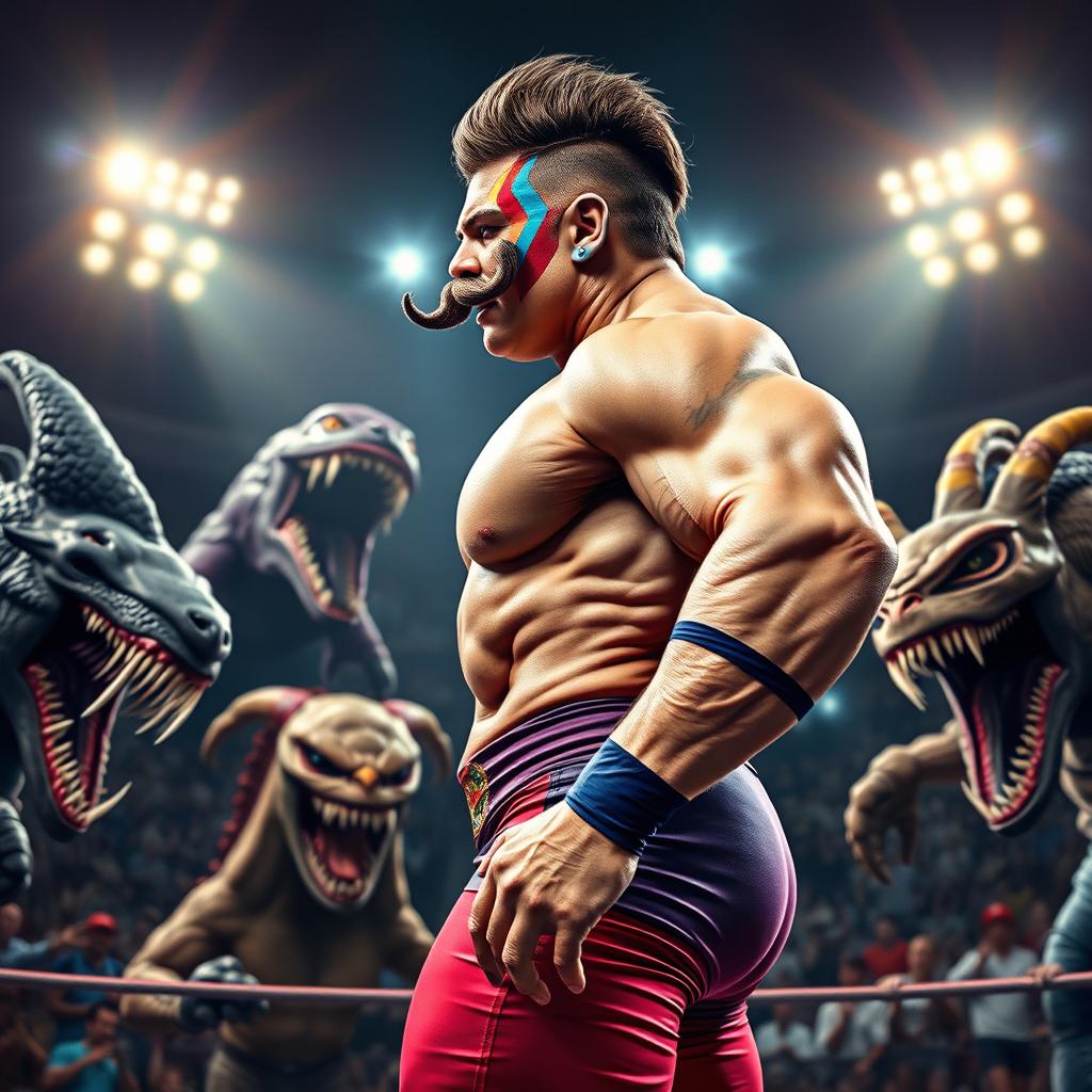 A powerful side profile view of a muscular wrestler named 'El Super Machote' with a striking mustache, showcasing his strength as he faces off against a variety of formidable monsters