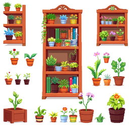 A vibrant pixel art spritesheet featuring a wooden bookshelf (estanteria) filled with various potted plants