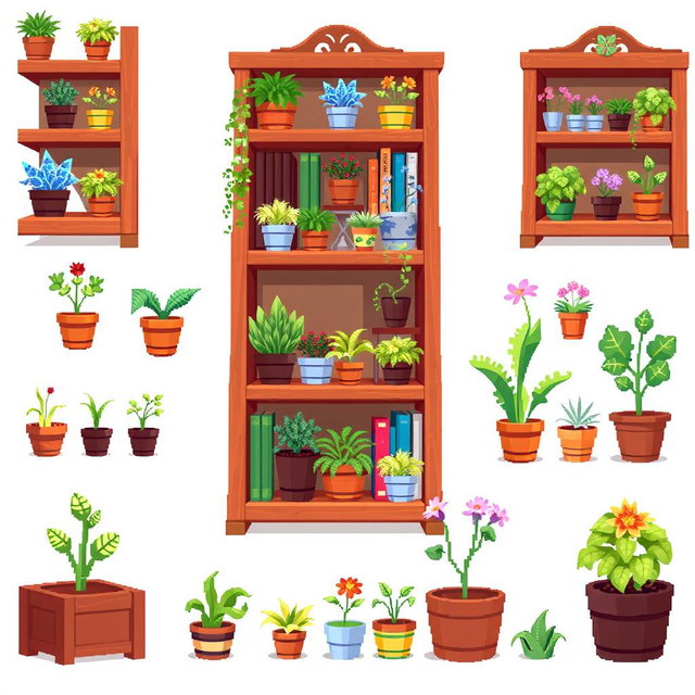A vibrant pixel art spritesheet featuring a wooden bookshelf (estanteria) filled with various potted plants