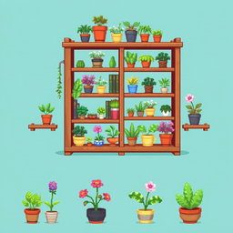 A vibrant pixel art spritesheet featuring a wooden bookshelf (estanteria) filled with various potted plants