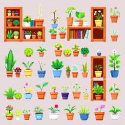 A vibrant pixel art spritesheet featuring a wooden bookshelf (estanteria) filled with various potted plants