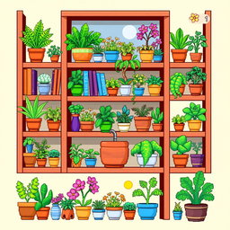 A vibrant pixel art spritesheet featuring a wooden bookshelf (estanteria) filled with various potted plants