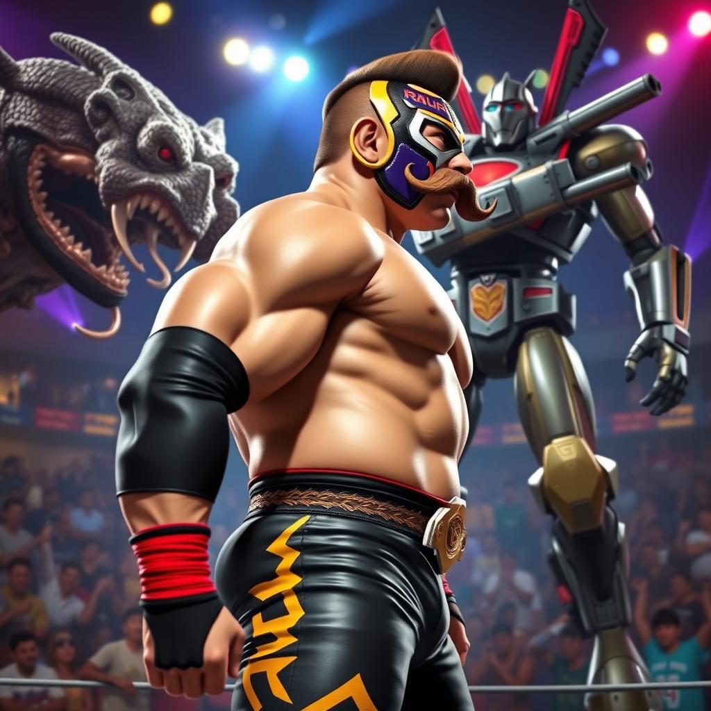 A dynamic side profile view of a strong wrestler named 'El Super Machote' with a prominent mustache, showcasing his impressive physique as he confronts a diverse array of monstrous creatures and futuristic robots