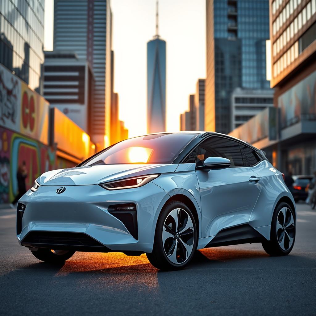 A sleek and modern electric car designed for young people, showcasing the ABC UrbanDrive 2025 model