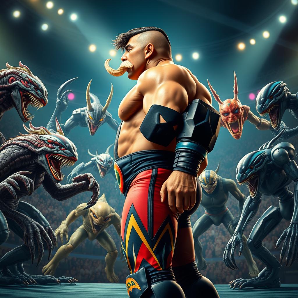 A dynamic side profile view of a mighty wrestler named 'El Super Machote,' who has a prominent mustache and showcases his powerful physique
