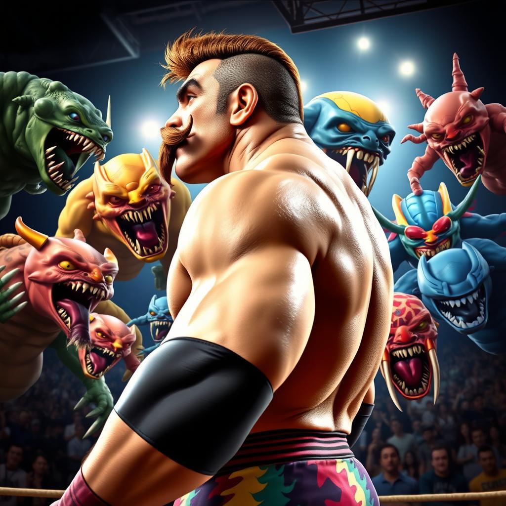 A powerful side profile view of a strong wrestler named 'El Super Machote' with a prominent mustache, showcasing his muscular physique as he faces multiple menacing monsters and robotic creatures