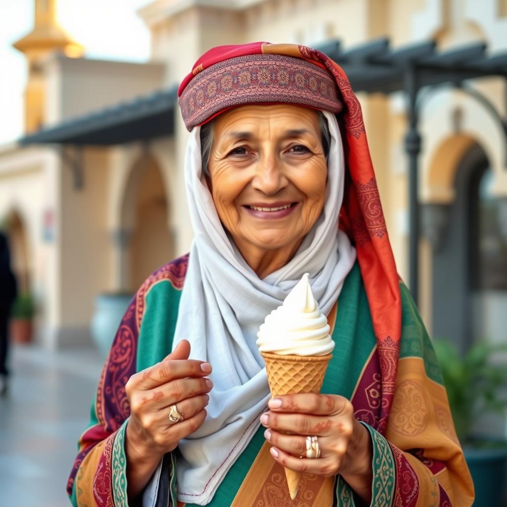 A traditional Gulf grandmother, dressed in a colorful abaya, wearing a beautiful headscarf adorned with intricate patterns