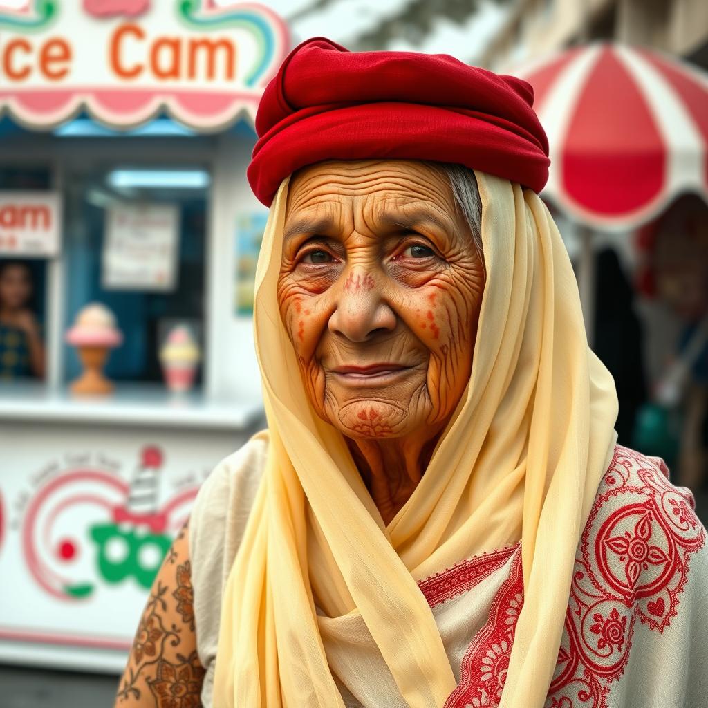 An elderly Gulf woman dressed in traditional clothing, wearing a beautiful burqa and adorned with intricate henna designs