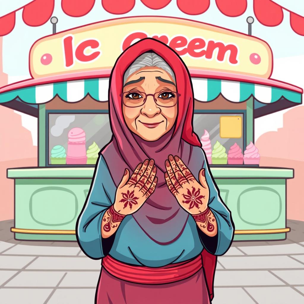 An illustration of an elderly Gulf woman in traditional attire, wearing a batoola (face veil) and a bright red makhwar (headscarf), showcasing intricate henna designs on her hands
