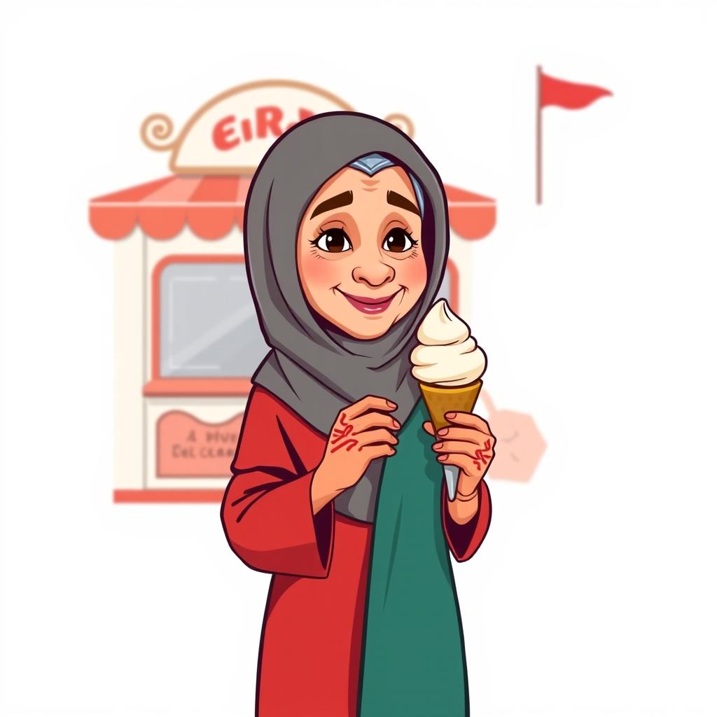 A cartoon-style illustration of an elderly Gulf woman in traditional attire