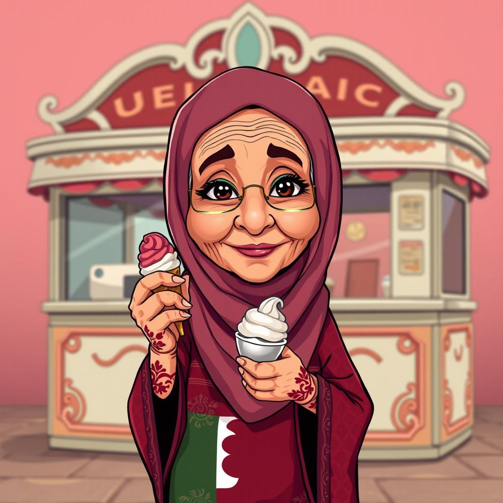 A cartoon-style image of an elderly Gulf grandmother wearing a traditional small niqab or burqa, showcasing henna on her hands