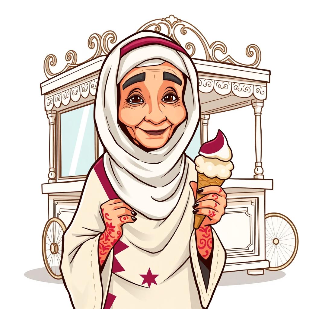 An elderly Gulf woman in traditional attire, wearing a small bedouin veil or niqab, has henna on her hands and is holding a classic ice cream cone