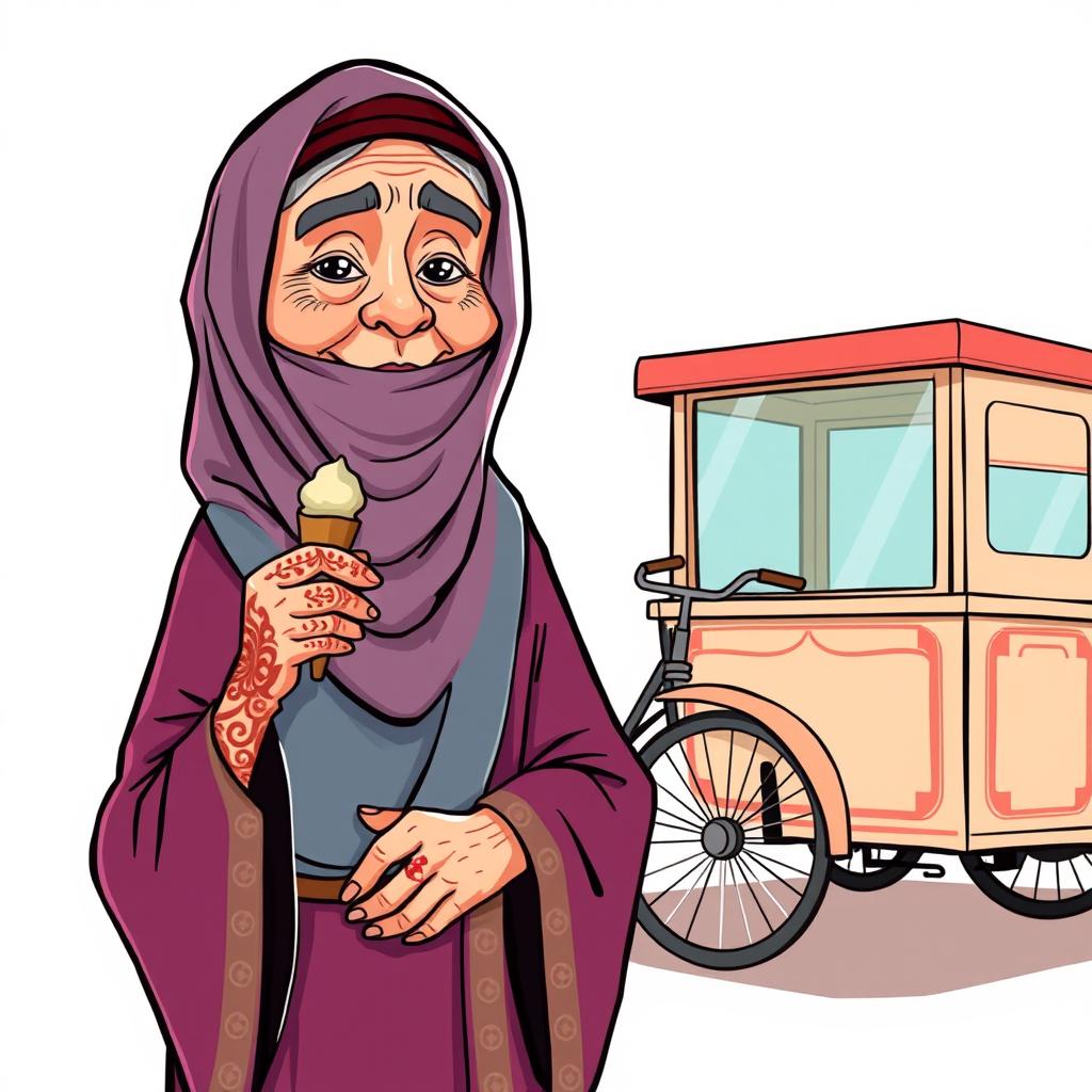 A cartoon-style illustration of an elderly Gulf woman dressed in traditional attire including a small Bedouin veil or niqab covering her face, adorned with henna decorations on her hands, and holding an ice cream cone
