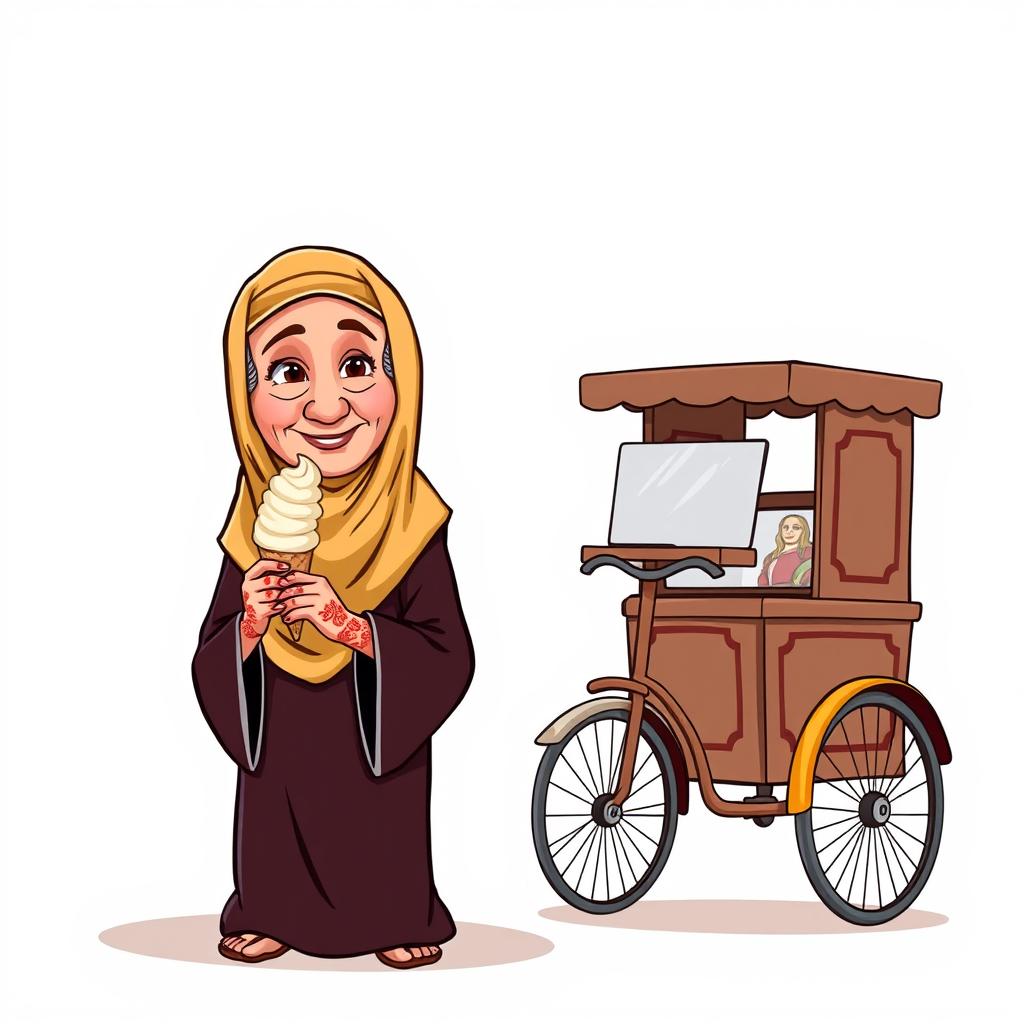 A traditional cartoon depiction of an elderly Gulf Arab woman wearing a small golden burqa or niqab, with henna on her hands, holding a traditional ice cream treat