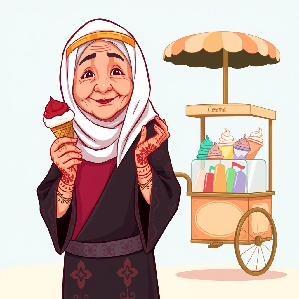 A cartoon-style illustration of an elderly Gulf woman dressed in traditional attire, wearing a small golden veil or niqab over her face