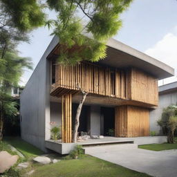 Upgrade the minimalist exposed concrete house by placing vertical bamboo materials at its corners